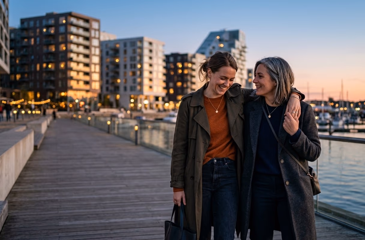 Aarhus Ø at dusk — the city's newer, open waterfront A couple standing close together on the modern harbourfront at Aarhus Ø at dusk