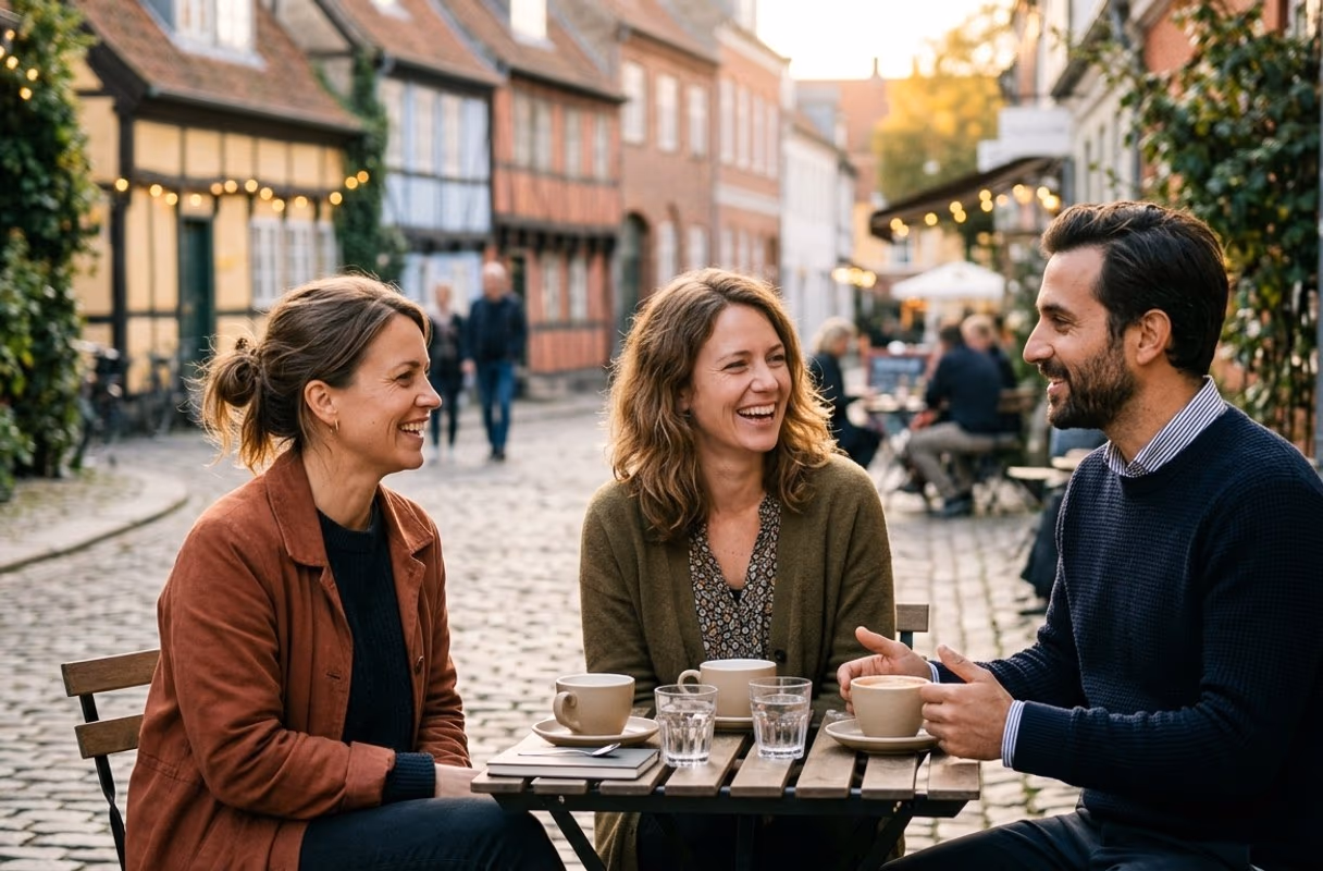 The Latin Quarter — Aarhus at its most open and walkable Three people talking outside a café in the Latin Quarter of Aarhus