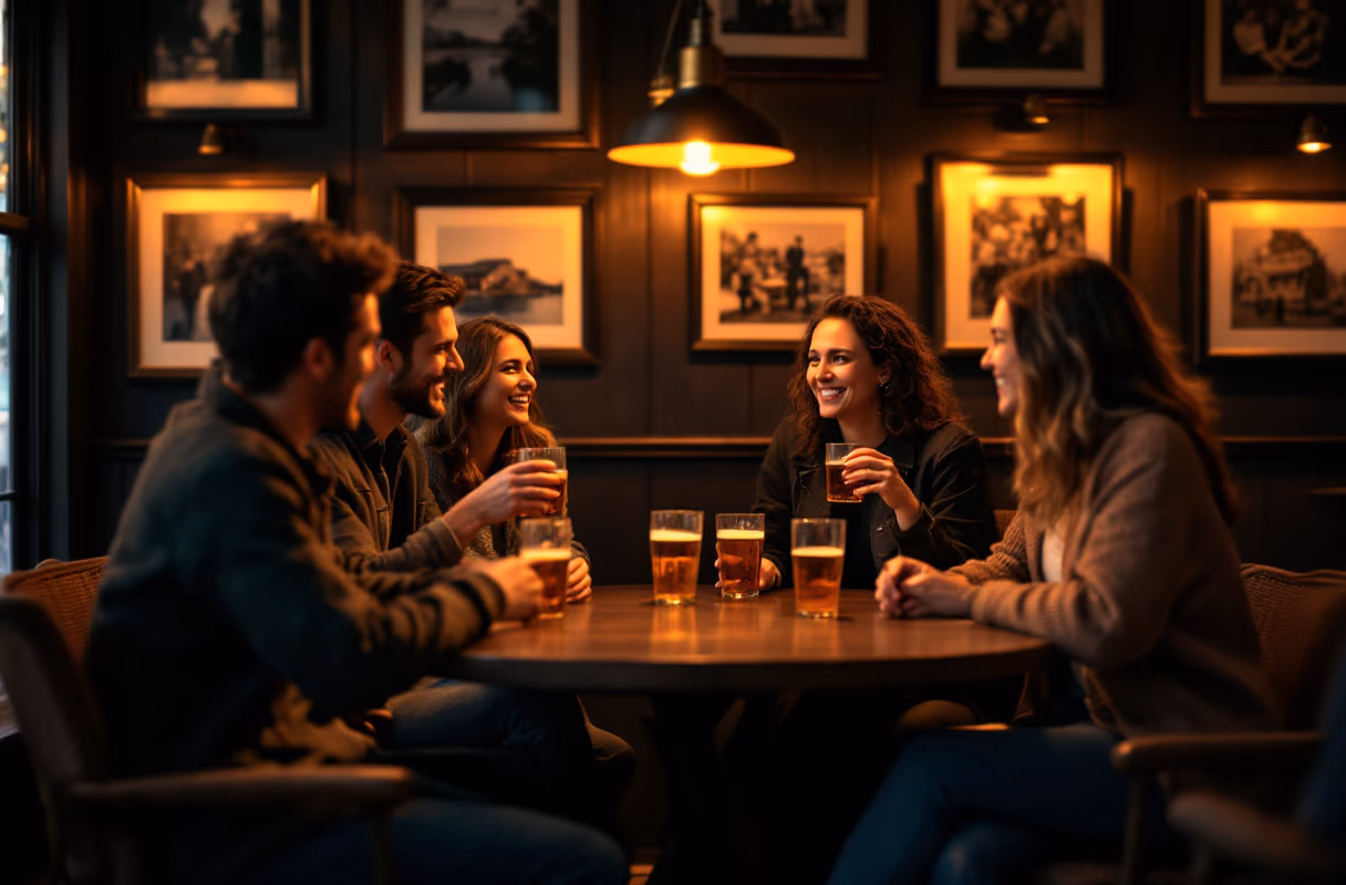 A brown café evening — the unhurried Amsterdam setting for getting to know someone Four people talking over drinks in a cosy Amsterdam brown café in the evening