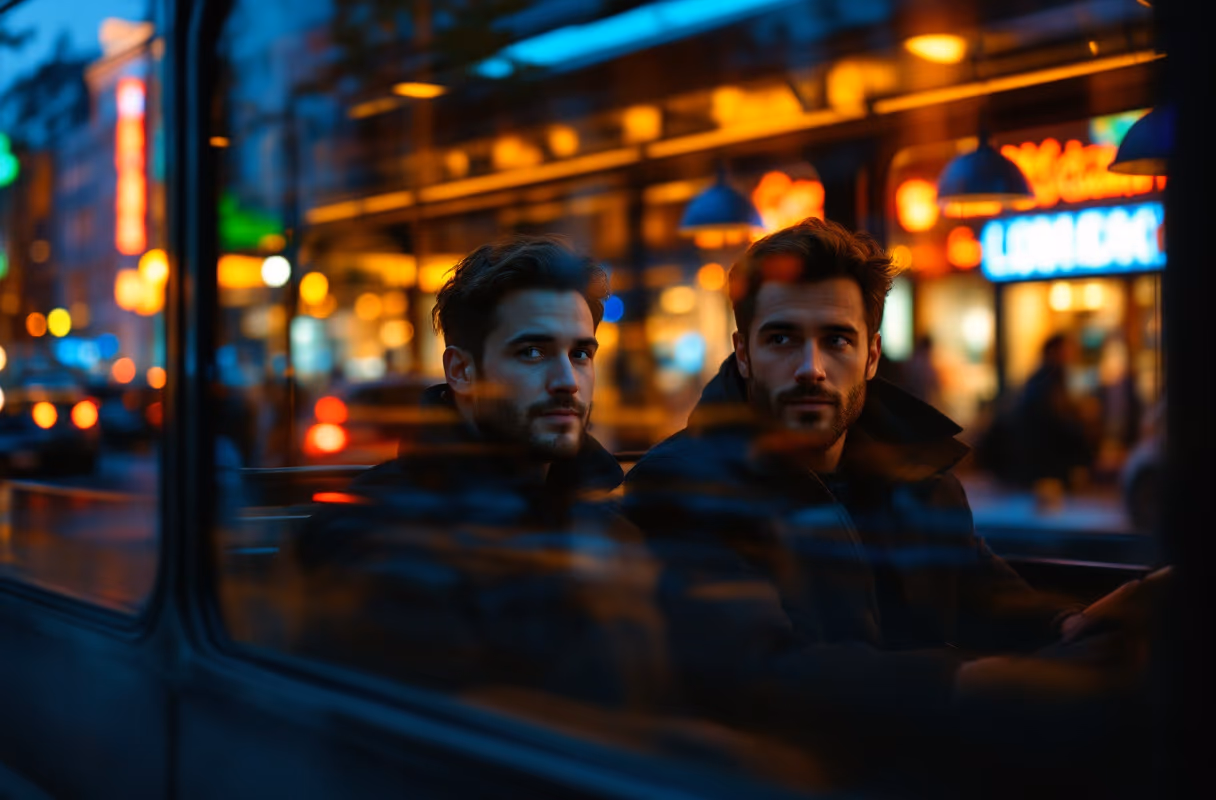 An Amsterdam night tram — the small everyday moments where a real connection settles in A couple sharing a quiet moment on an Amsterdam tram at night, neon reflections in the window