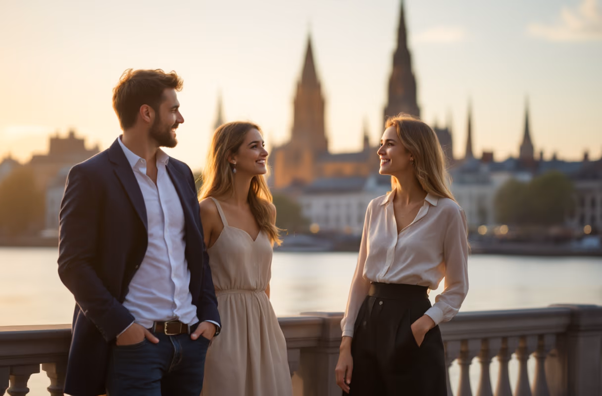 The Scheldt waterfront by the cathedral — a relaxed setting where first meets naturally happen Three people talking on the Scheldt riverside with the Cathedral of Our Lady behind them in Antwerp