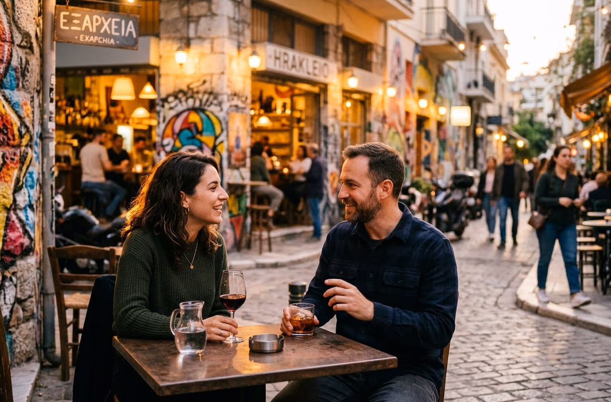 Exarchia — the alternative current of the Athenian scene A couple in conversation at a small bar table on a graffiti-lined street in Exarchia, Athens