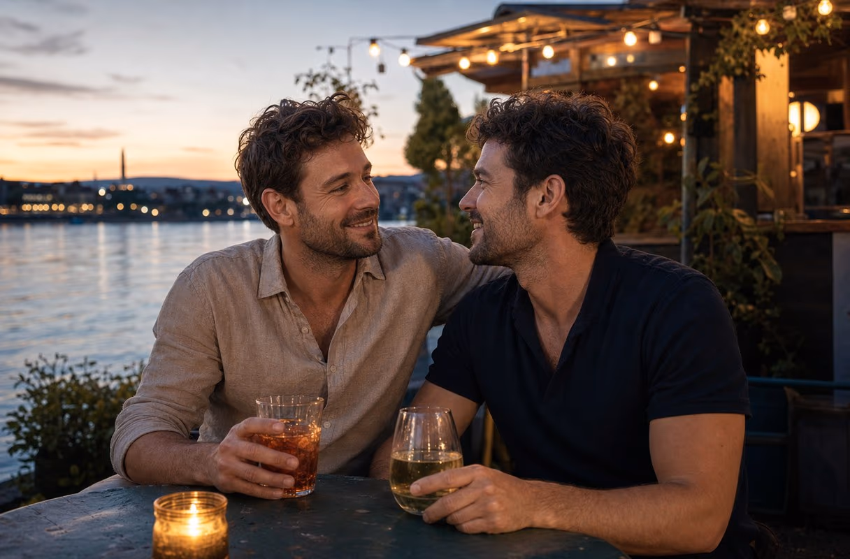 Two men talking over drinks at a riverside buvette in Kleinbasel at dusk