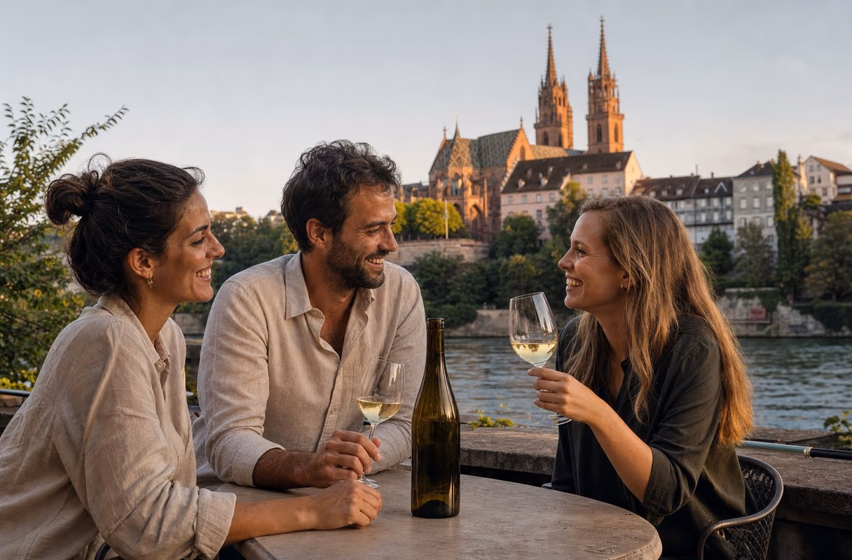 Three people sharing a bottle of wine on a Rhine-side terrace with Basel Minster across the river