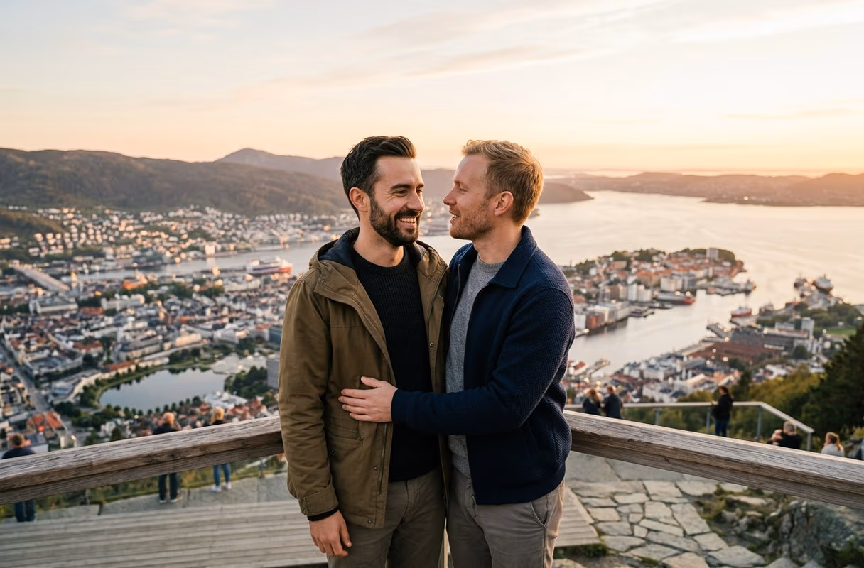 The view from Fløyen — Bergen between its mountains and the sea A couple looking out over Bergen and its harbour from the Fløyen viewpoint on a clear evening