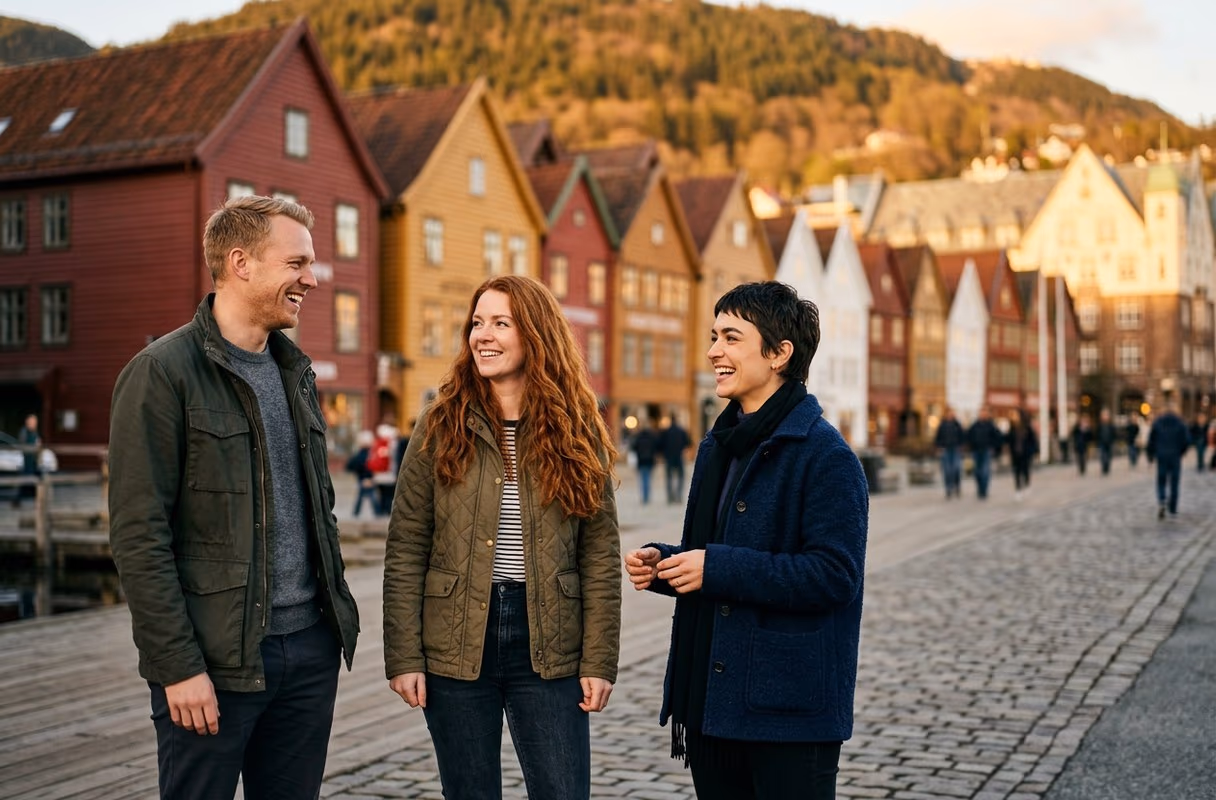 Bryggen wharf — Bergen's historic, walkable waterfront Three people talking in front of the colourful wooden Hanseatic houses of Bryggen wharf in Bergen