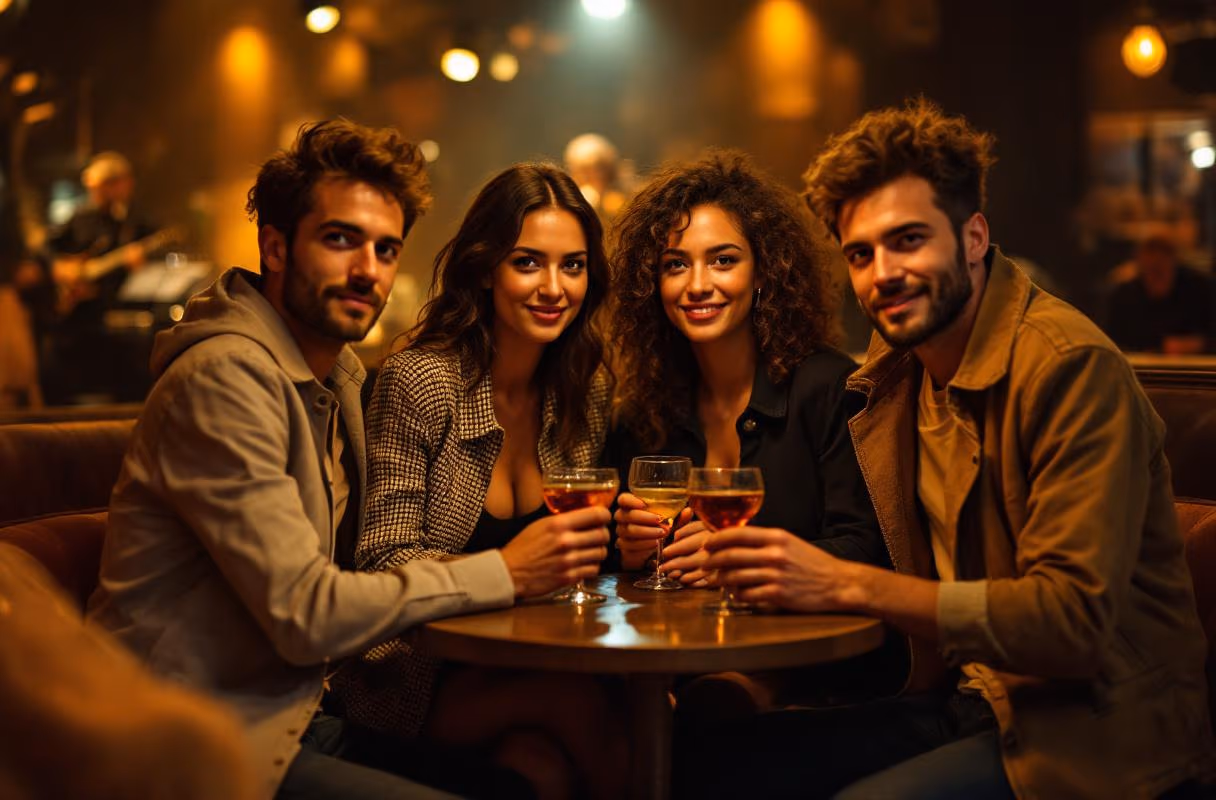 Four people at a table in a jazz club in Kreuzberg, Berlin
