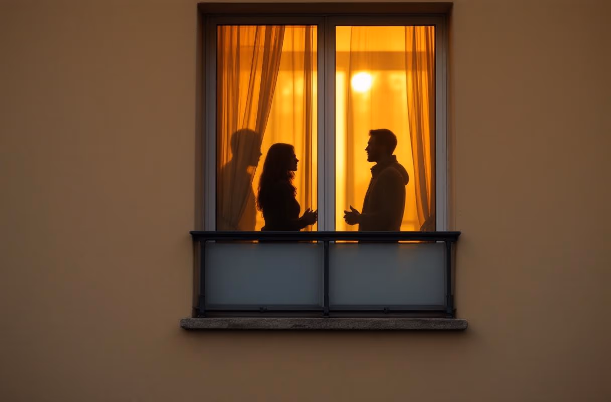 Silhouettes of a couple and a third person behind a frosted-glass Berlin balcony at sunset