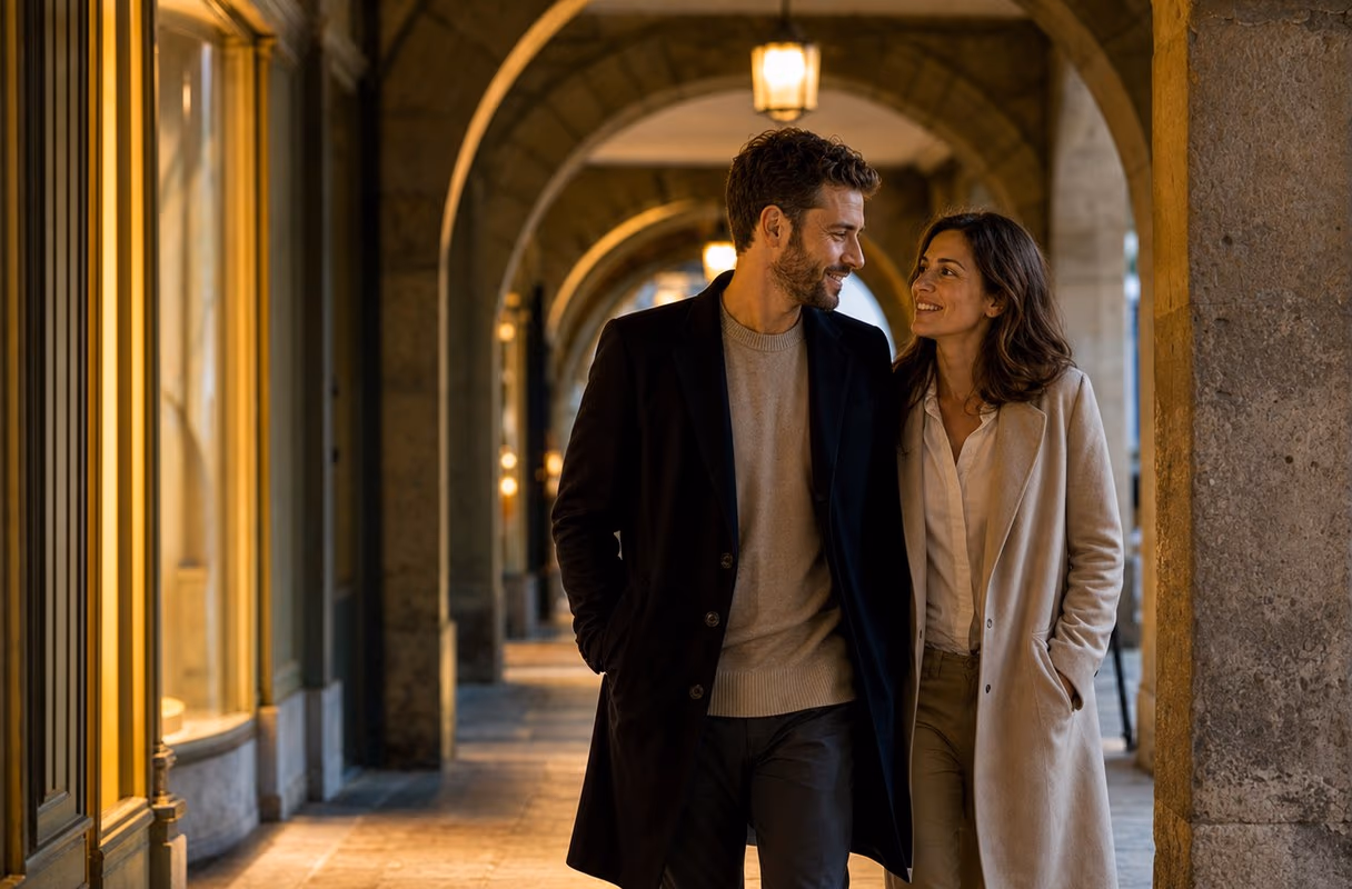 The arcades — six kilometres of discreet meeting ground A couple walking close together under the old town arcades of Bern in the evening