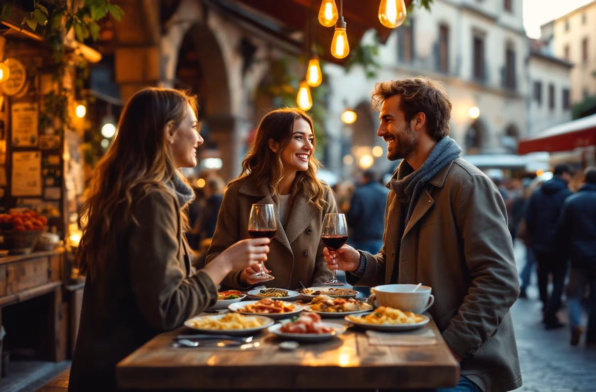 The Quadrilatero food market — Bologna's most natural setting for a relaxed first meet Three people at a communal food-market table in the Quadrilatero district of Bologna