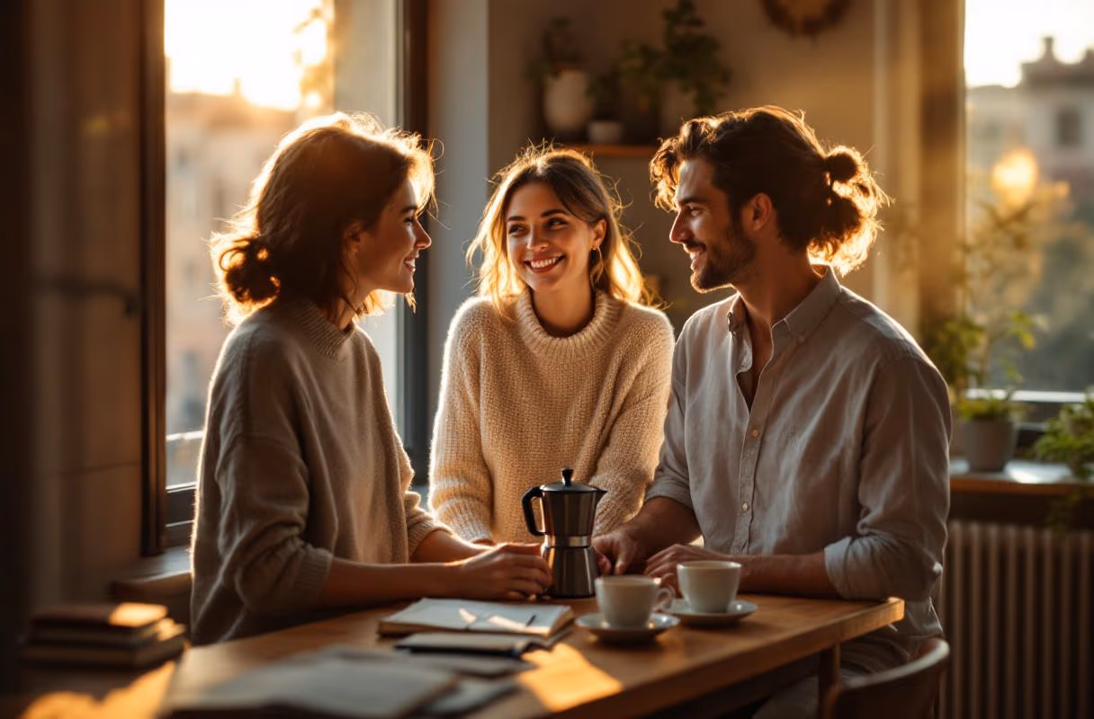 A shared apartment in the university zone — Bologna's scene has always lived close to its student culture Three people around a kitchen table in a Bologna university-district apartment in the late afternoon