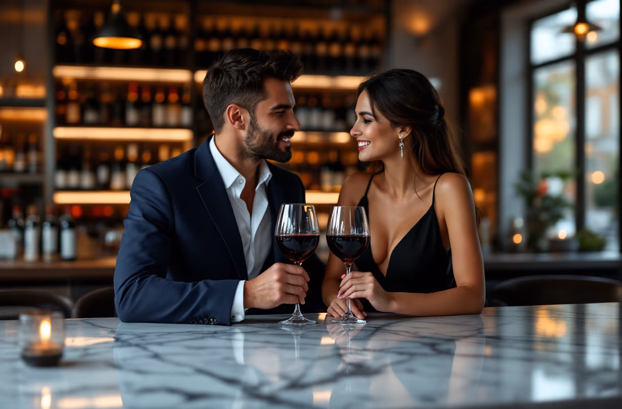 A Bordeaux wine bar — an unhurried setting for getting to know someone A couple at a Bordeaux wine bar counter in the evening