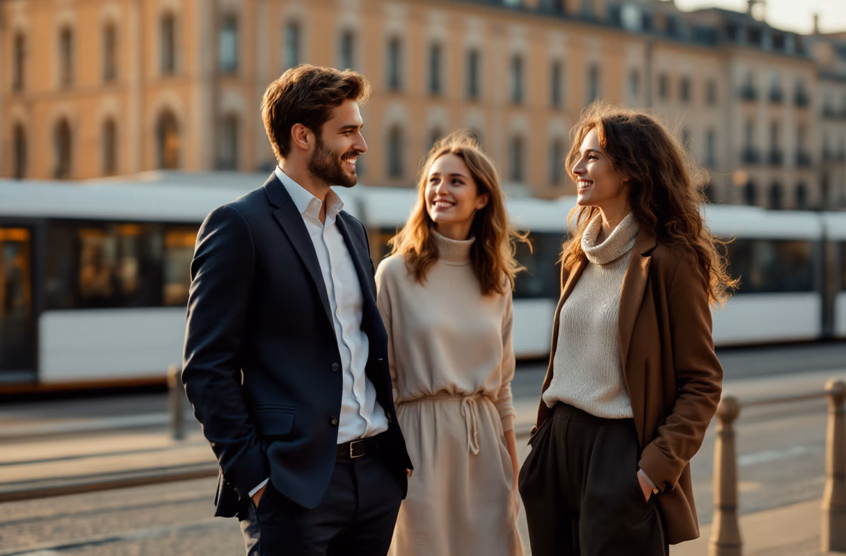 The Garonne quays at golden hour — a relaxed setting for an unhurried meeting of three Three people talking on the Garonne riverside quays in Bordeaux at golden hour