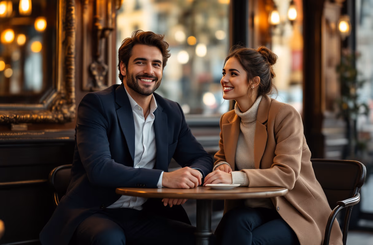 A couple at a historic café in central Braga in the evening