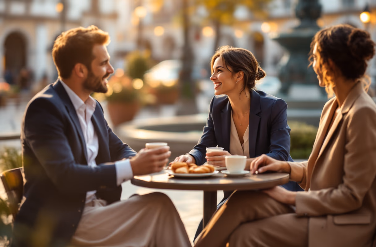 Three people talking at a café terrace on Praça da República in Braga at golden hour
