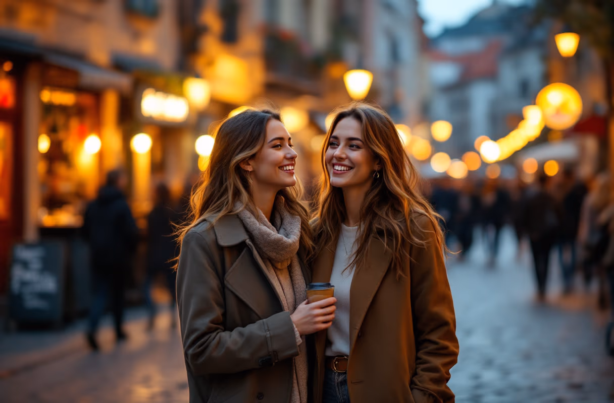 The old town after dark — an easy, open setting for a first meet A female couple walking together through Bratislava's lively old town at night