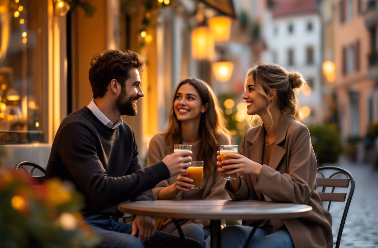 The old town — a relaxed central setting where first meets naturally happen Three people talking on a café terrace in Bratislava's old town at golden hour