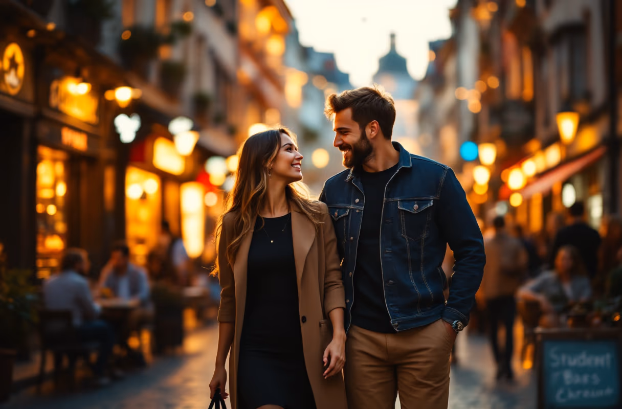A couple walking together through Brno's lively city centre at night