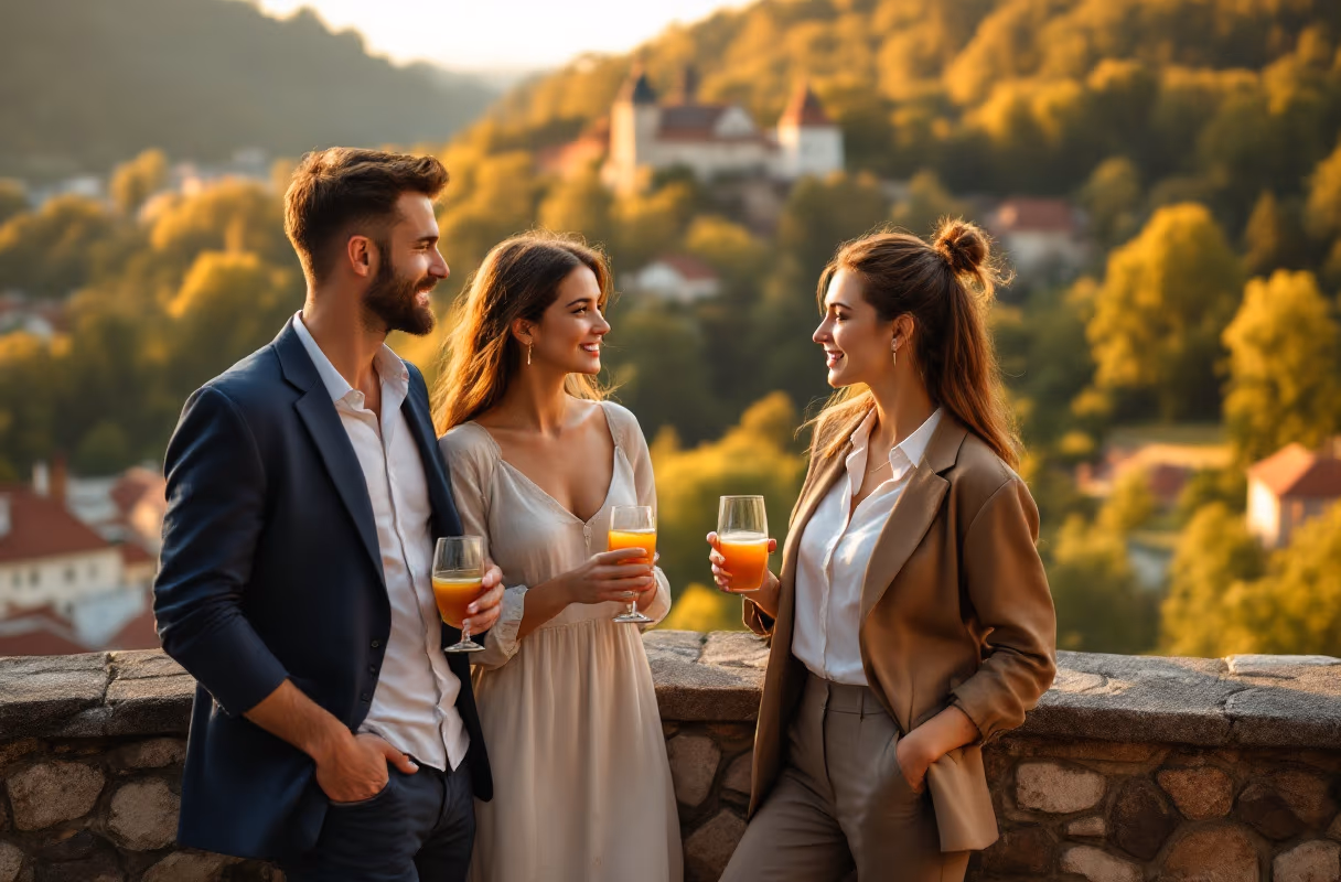 Three people talking on a terrace below Špilberk Castle in Brno at golden hour
