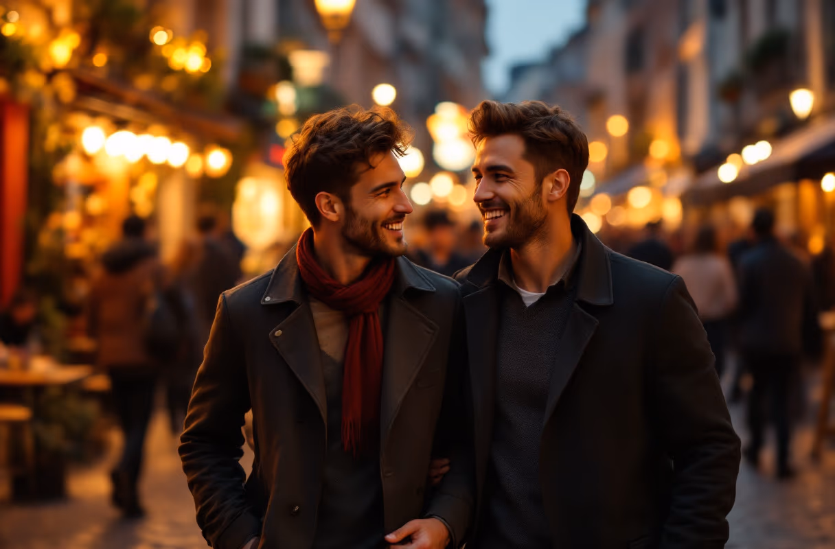 Saint-Jacques after dark — an easy, open setting for a first meet in central Brussels A male couple walking together through the lively Saint-Jacques quarter in Brussels at night