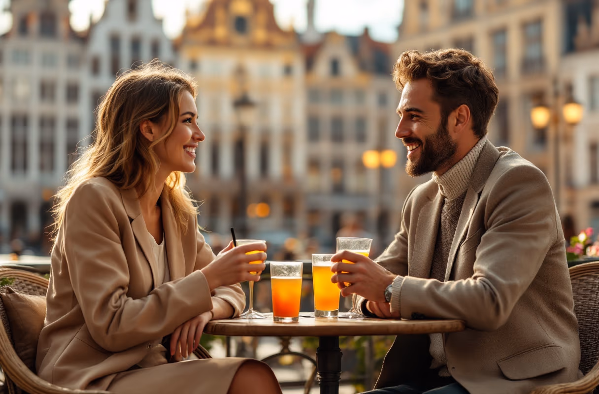 The Grand-Place district — a relaxed central setting where first meets naturally happen Three people talking at a café terrace near the Grand-Place in Brussels at golden hour