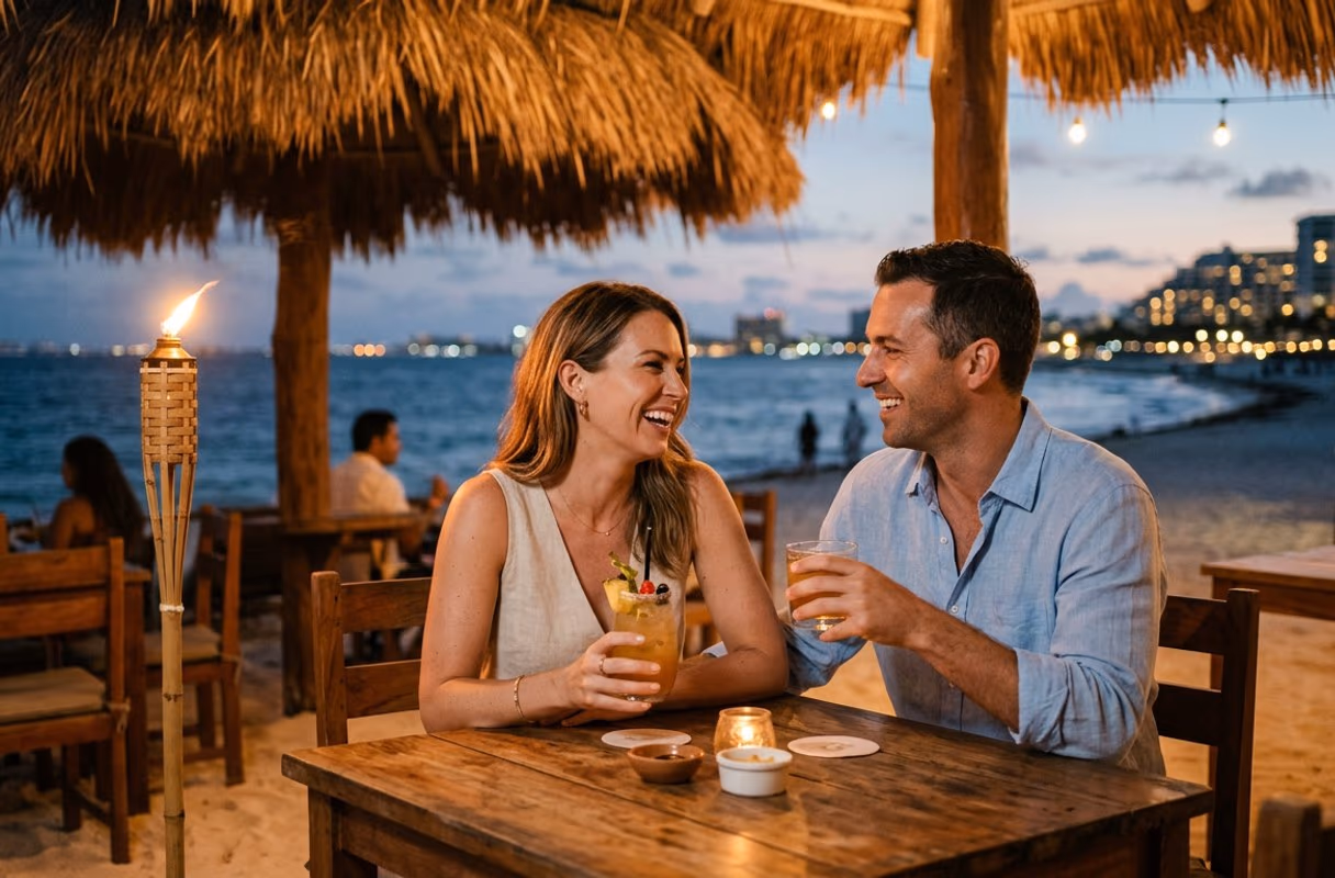 A couple with cocktails at a beach bar in Cancún at dusk, hotel lights along the shoreline behind them