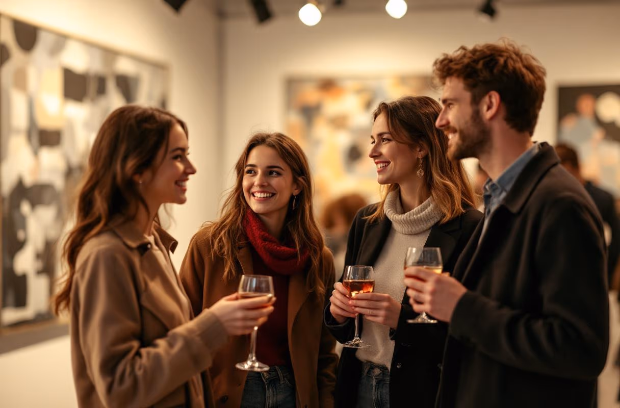 Four people with wine glasses at a gallery opening in Ehrenfeld, Cologne