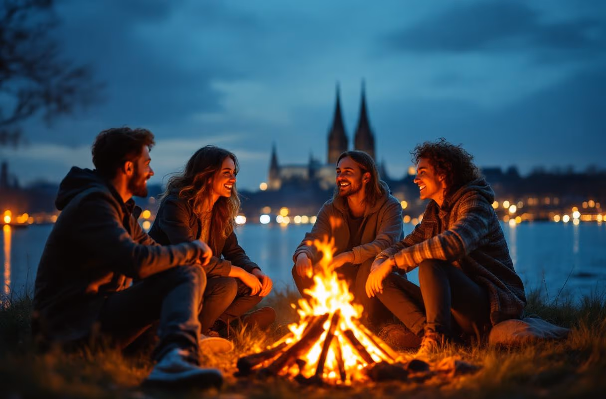 A small group around a bonfire on the Rhine bank in Cologne in the evening