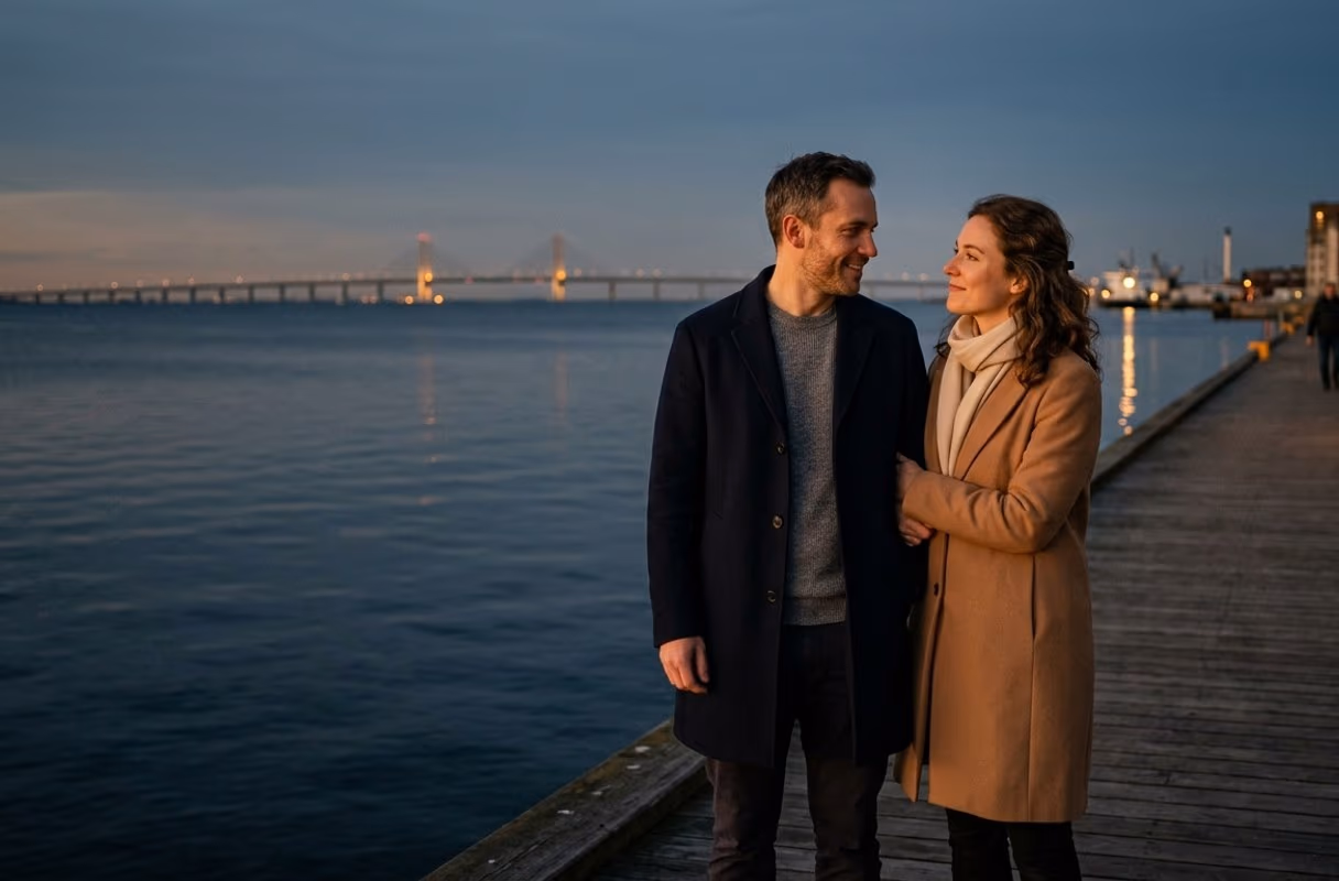 A couple standing close by the Copenhagen waterfront at dusk with the Øresund bridge in the distance