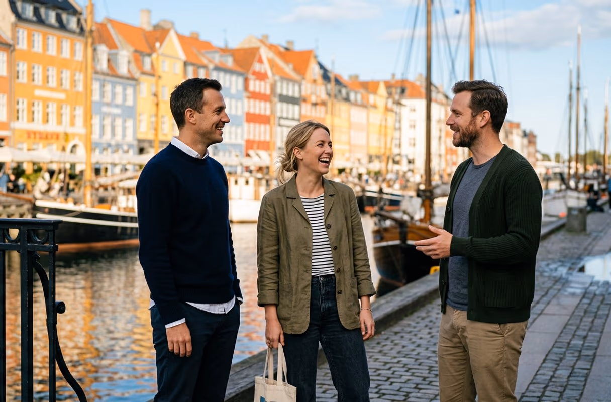 Three people talking by the colourful canal houses of Nyhavn in Copenhagen