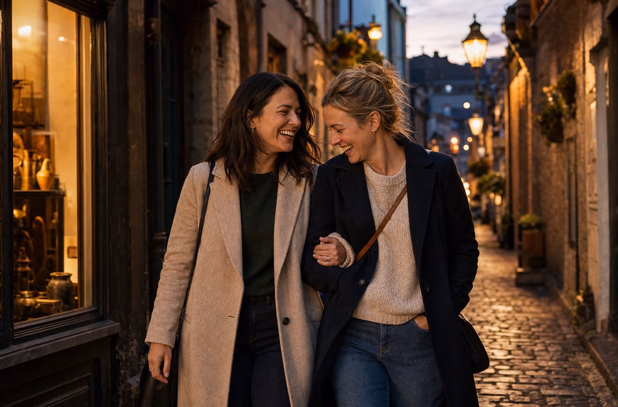 Two women walking close together down a lantern-lit lane in Cork at dusk