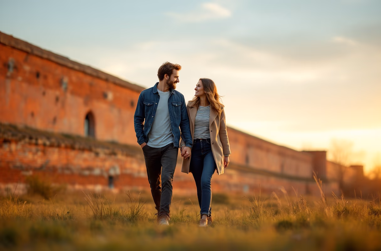 The Daugavpils Fortress — one of Europe's best-preserved A couple walking the Daugavpils fortress grounds at golden hour
