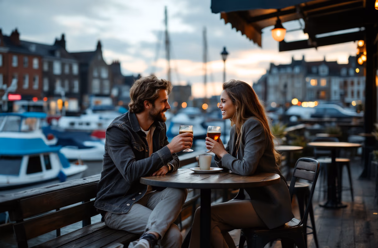 A Leith bar by the water — an unhurried setting for getting to know someone A couple sharing a drink at a relaxed bar in Leith, Edinburgh