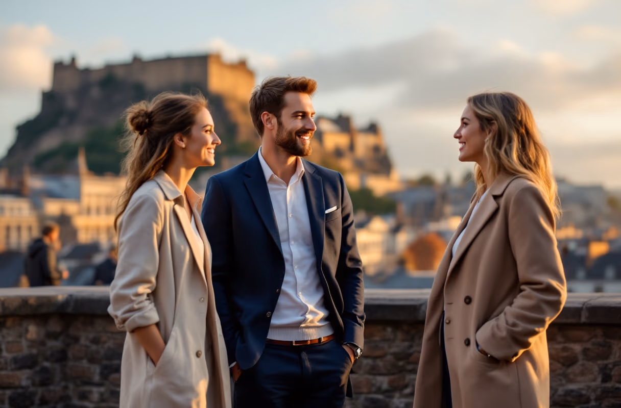 Edinburgh's Old Town below the castle — a relaxed setting where first meets naturally happen Three people talking on an Old Town terrace with Edinburgh Castle behind them