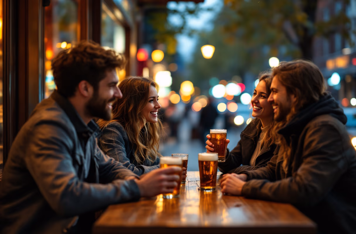 A small group at a Stratumseind bar table in Eindhoven in the evening