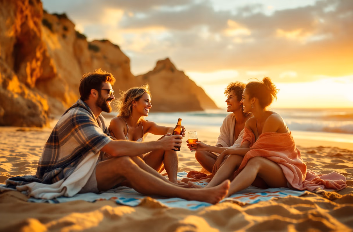 An Algarve beach at sunset — a typical setting for relaxed, informal meet-ups A group of friends relaxing together on an Algarve beach at sunset