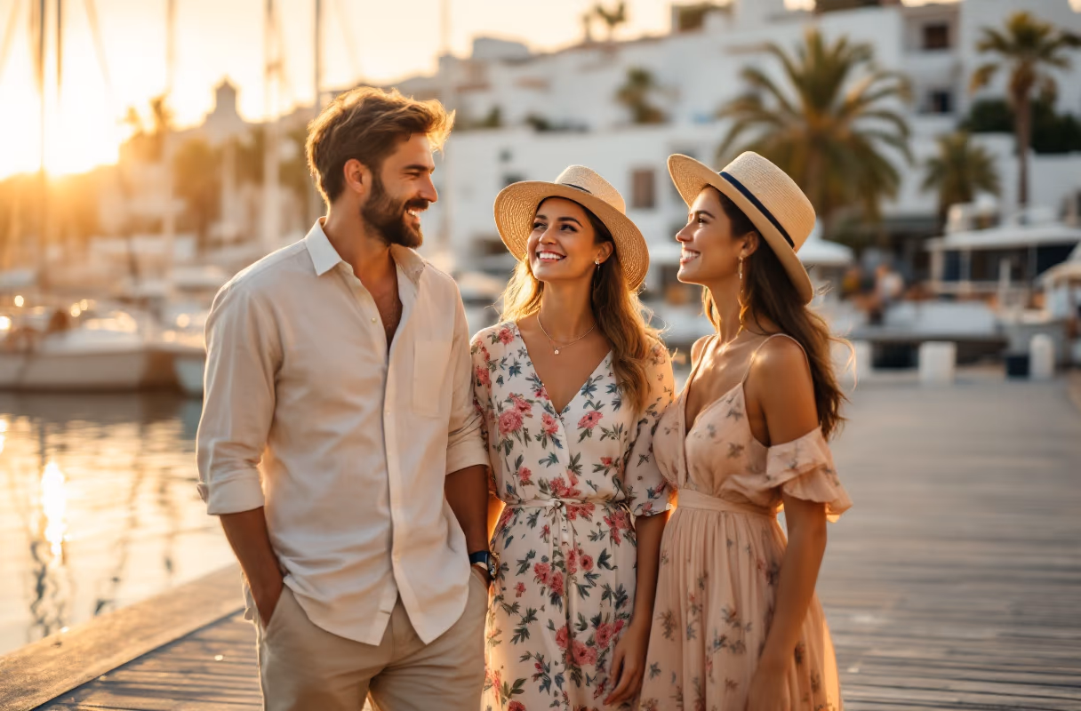 The Faro marina — a relaxed coastal setting where first meets naturally happen Three people talking at the Faro marina by the Ria Formosa at golden hour