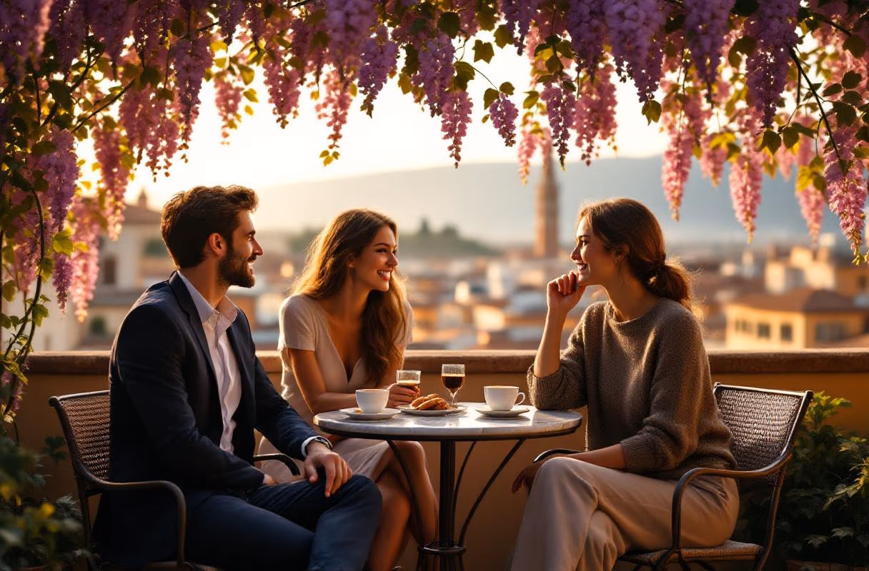 A Florentine afternoon terrace — relaxed first meets in plain sight, on neutral ground Three people at a Florence café terrace in the late afternoon overlooking the rooftops