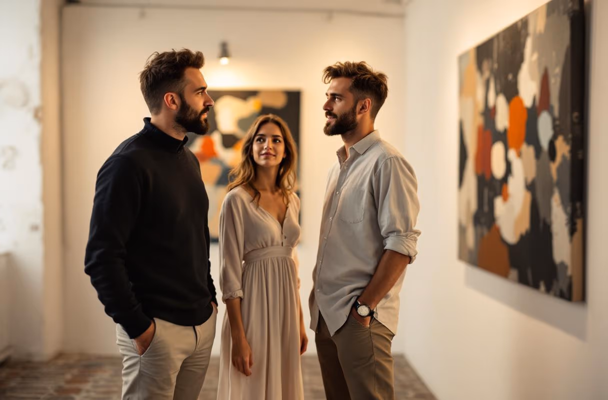 An Oltrarno gallery — first meets in Florence often happen around art, music or food Three people in a small contemporary art gallery in the Oltrarno district of Florence