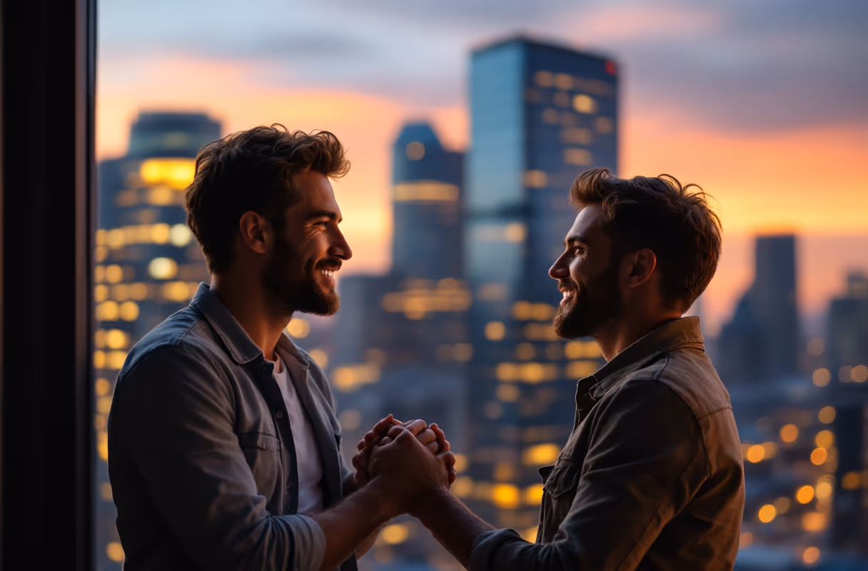 A couple talking quietly at a window with the Frankfurt skyline lit behind them