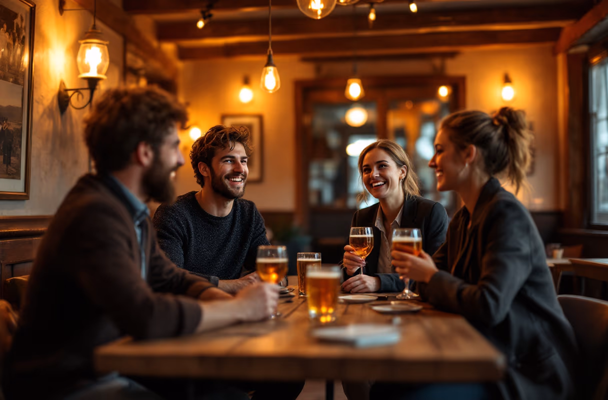 A small group at a Sachsenhausen bar table in Frankfurt in the evening
