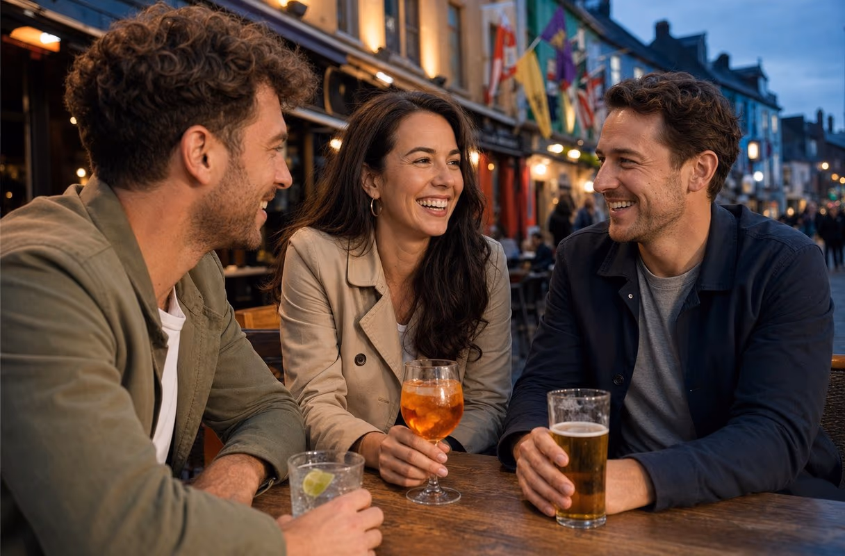Quay Street — where every Galway evening begins Three people talking over drinks at a table on Quay Street in the evening