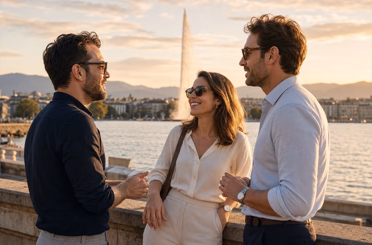 Three people talking on the Geneva lakefront promenade with the Jet d'Eau behind them