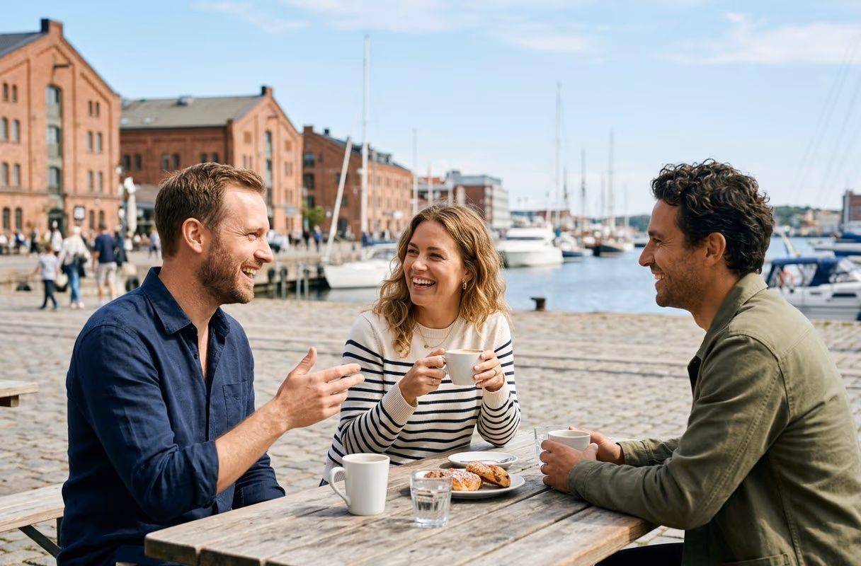 Three friends chatting at an outdoor harbour café in Gothenburg on a bright day