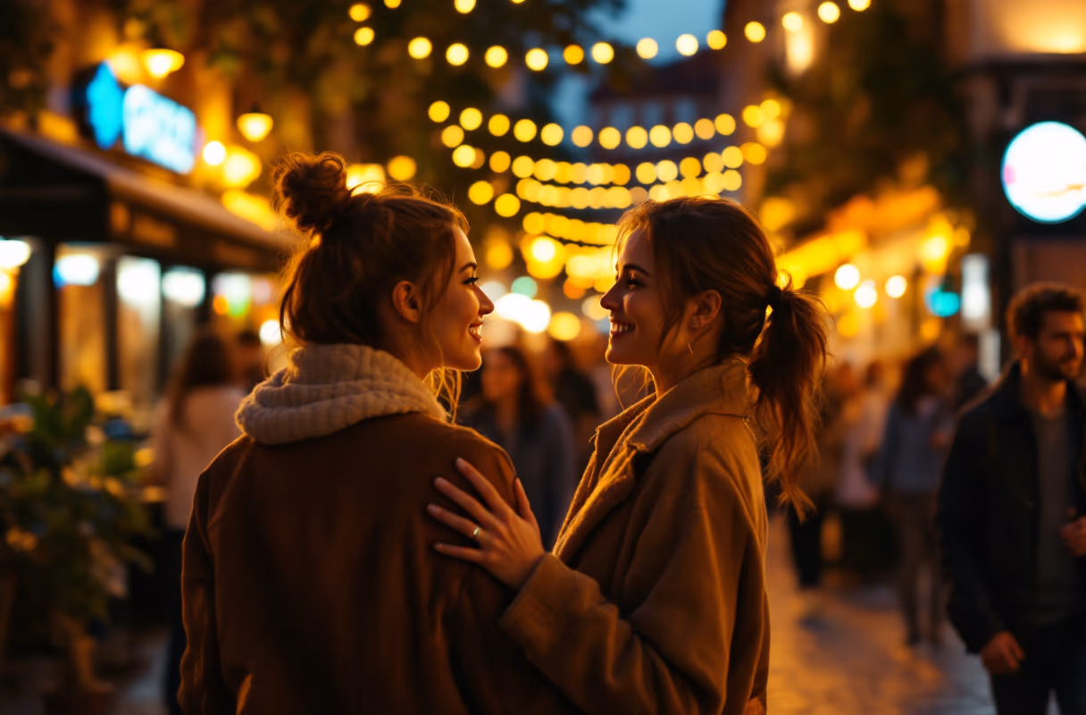 Graz's old town after dark — an easy, open setting for a first meet A female couple walking together through Graz's lively old town at night