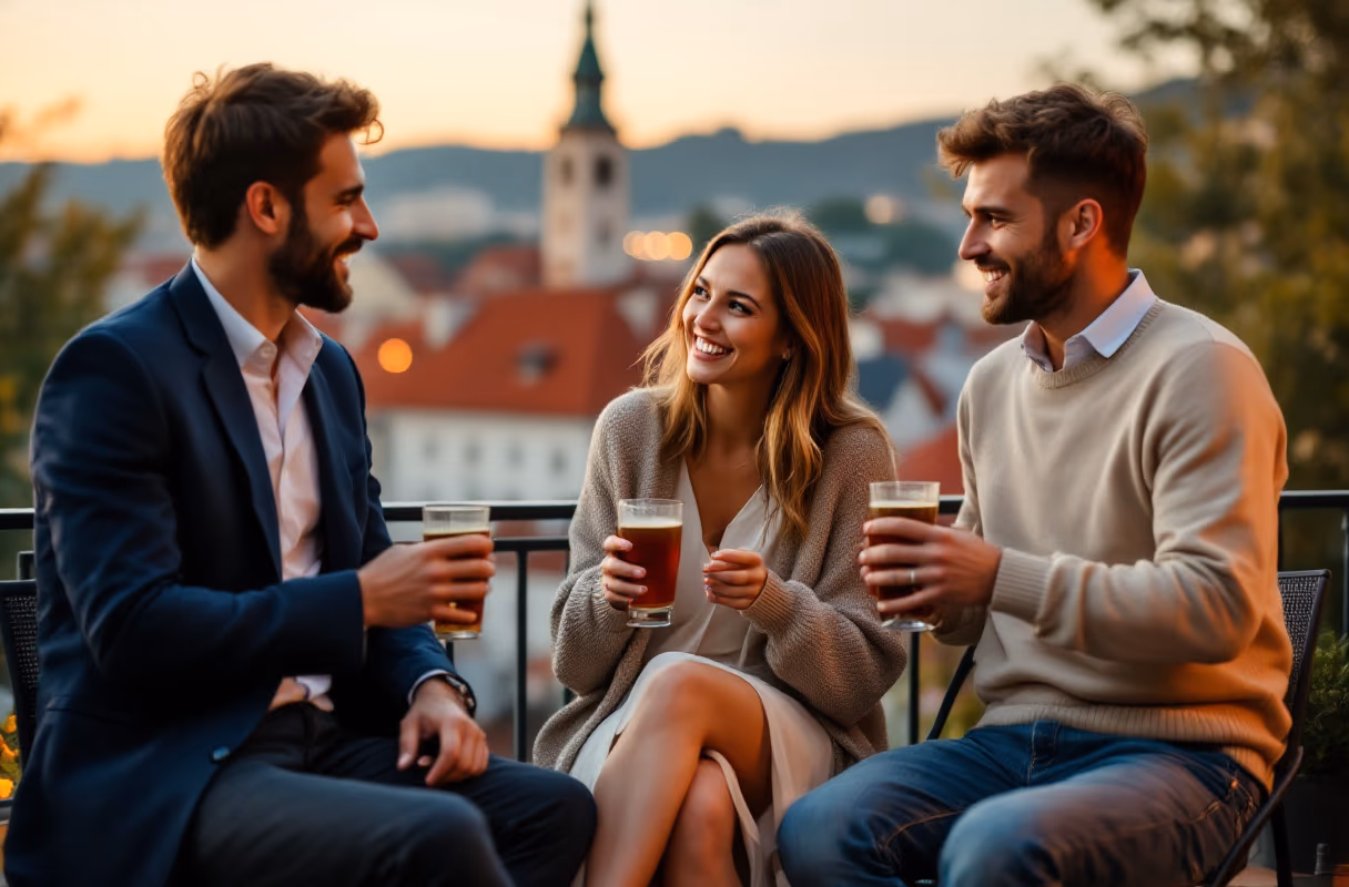The Schlossberg district — a relaxed central setting where first meets naturally happen Three people talking on a terrace below the Schlossberg in Graz at golden hour