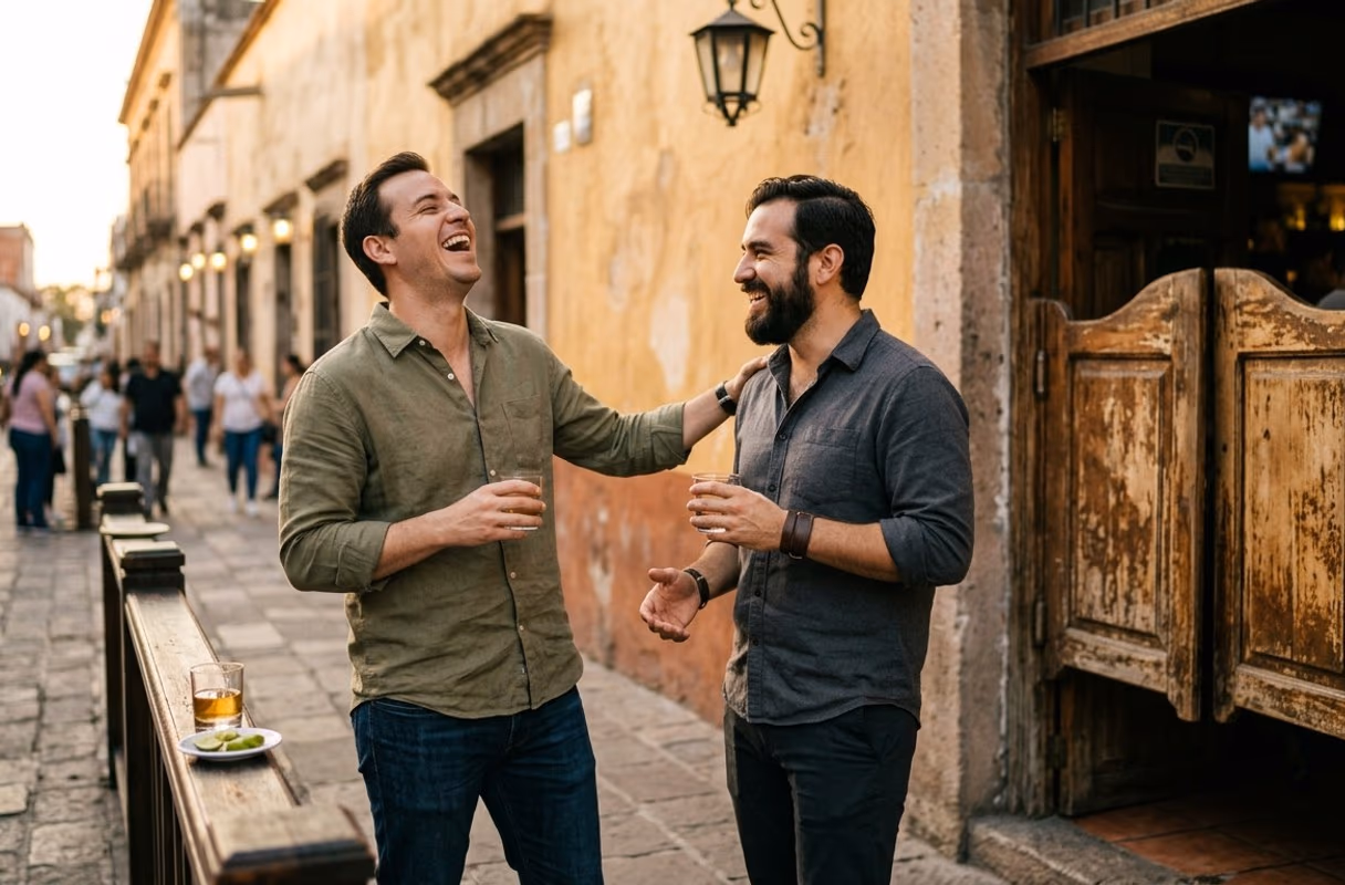 Two friends laughing outside a cantina in the historic centre of Guadalajara in warm evening light