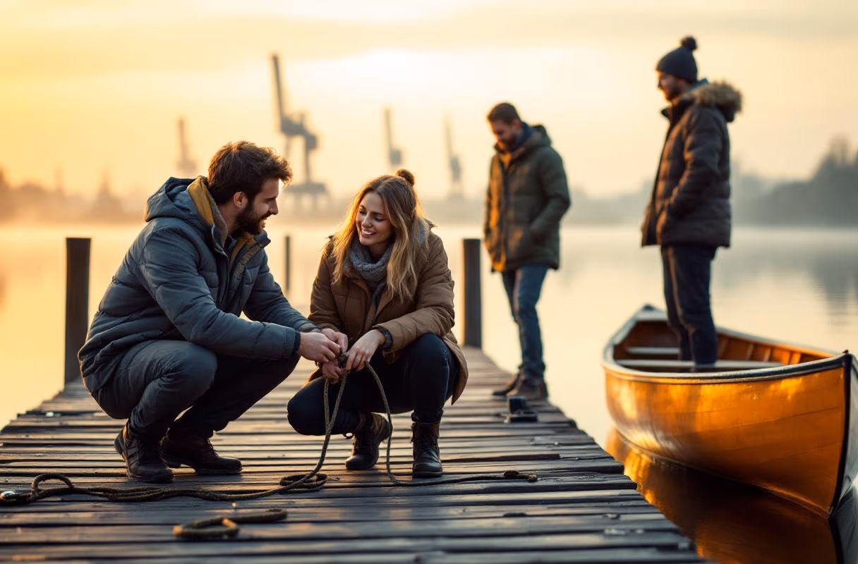 A couple on a Hamburg dock at sunset, with a third person standing by a canoe nearby