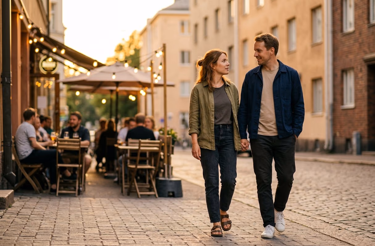 A couple walking past a bar terrace on a Kallio street in Helsinki on a summer evening