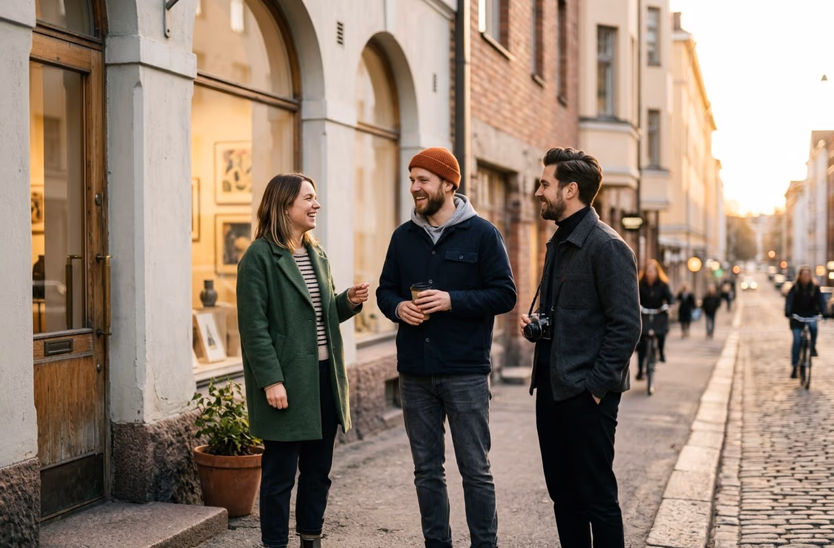 Three people talking outside a design studio in the Punavuori Design District of Helsinki